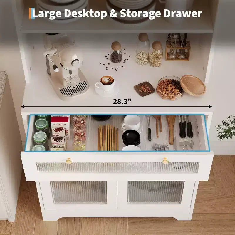 Meuble de Rangement de Cuisine sur Pied de 157 cm avec Portes en Verre, Étagère Ouverte à 3 Niveaux et Tiroir, Étagères Réglables pour Cuisine, Salle à Manger