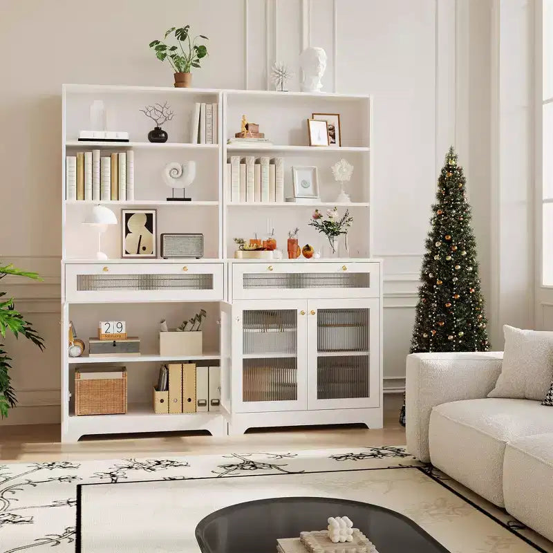 Meuble de Rangement de Cuisine sur Pied de 157 cm avec Portes en Verre, Étagère Ouverte à 3 Niveaux et Tiroir, Étagères Réglables pour Cuisine, Salle à Manger