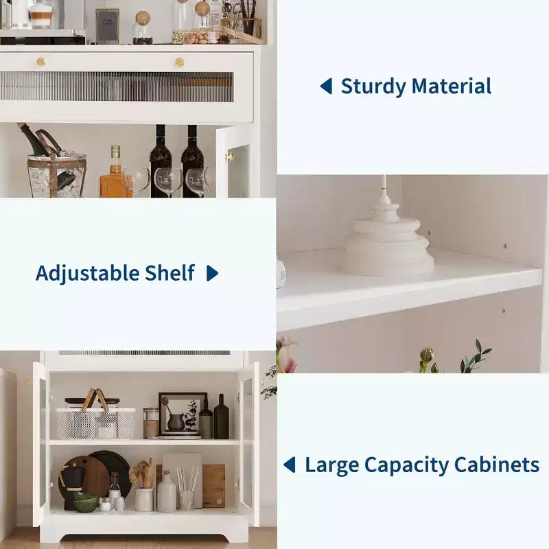 Meuble de Rangement de Cuisine sur Pied de 157 cm avec Portes en Verre, Étagère Ouverte à 3 Niveaux et Tiroir, Étagères Réglables pour Cuisine, Salle à Manger