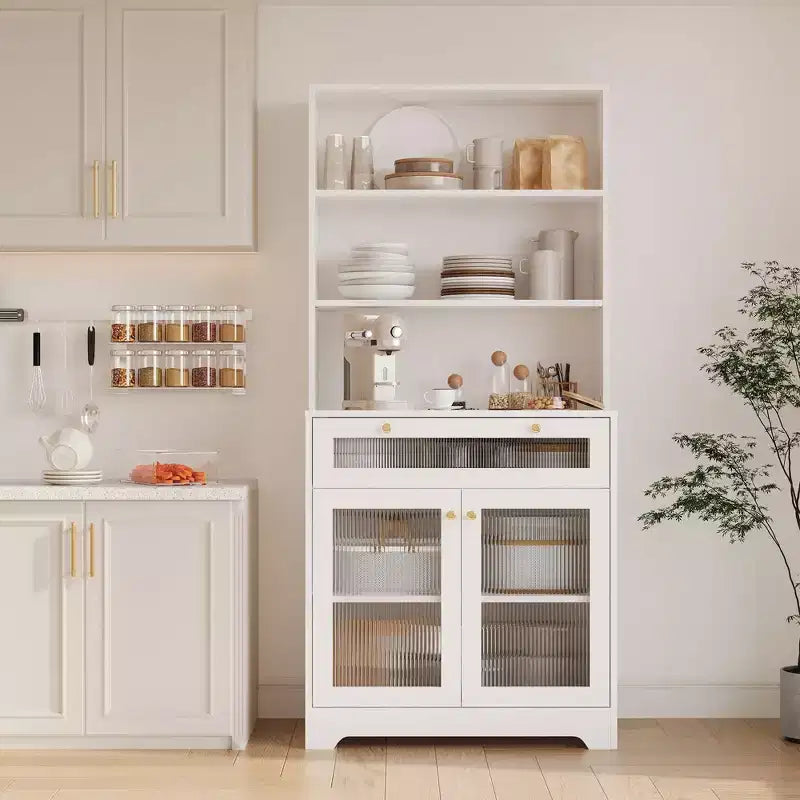 62 Farmhouse Pantry Cabinet with Glass Doors,3-Tier Open Shelf & Drawer, Adjustable Shelves for Kitchen, Dining Room Storage Organizer