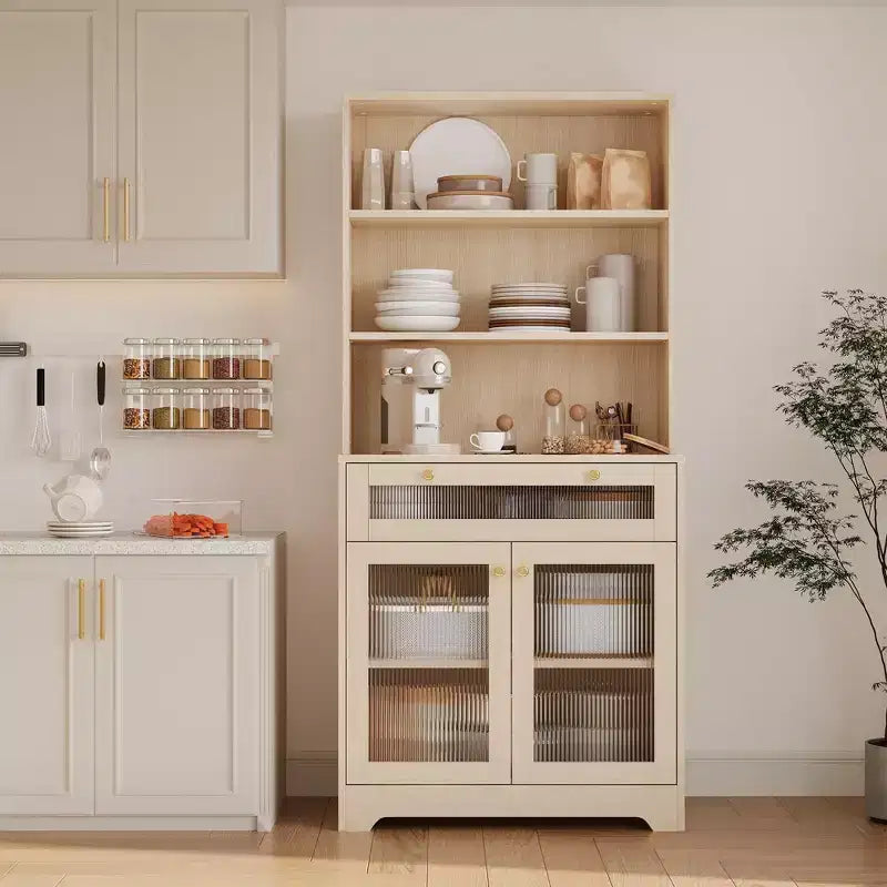 Meuble de Rangement de Cuisine sur Pied de 157 cm avec Portes en Verre, Étagère Ouverte à 3 Niveaux et Tiroir, Étagères Réglables pour Cuisine, Salle à Manger