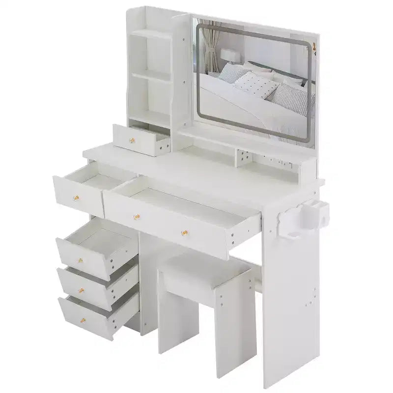Coiffeuse avec miroir et lumière, ensemble tabouret rembourré, coiffeuse avec station de charge, luminosité réglable