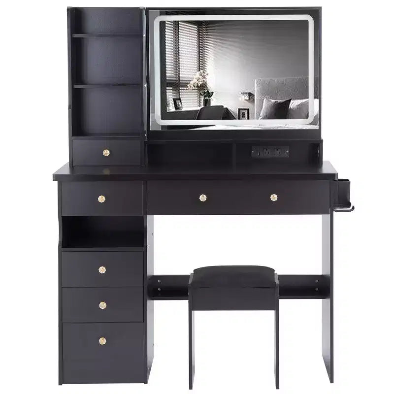 Coiffeuse avec miroir et lumière, ensemble tabouret rembourré, coiffeuse avec station de charge, luminosité réglable