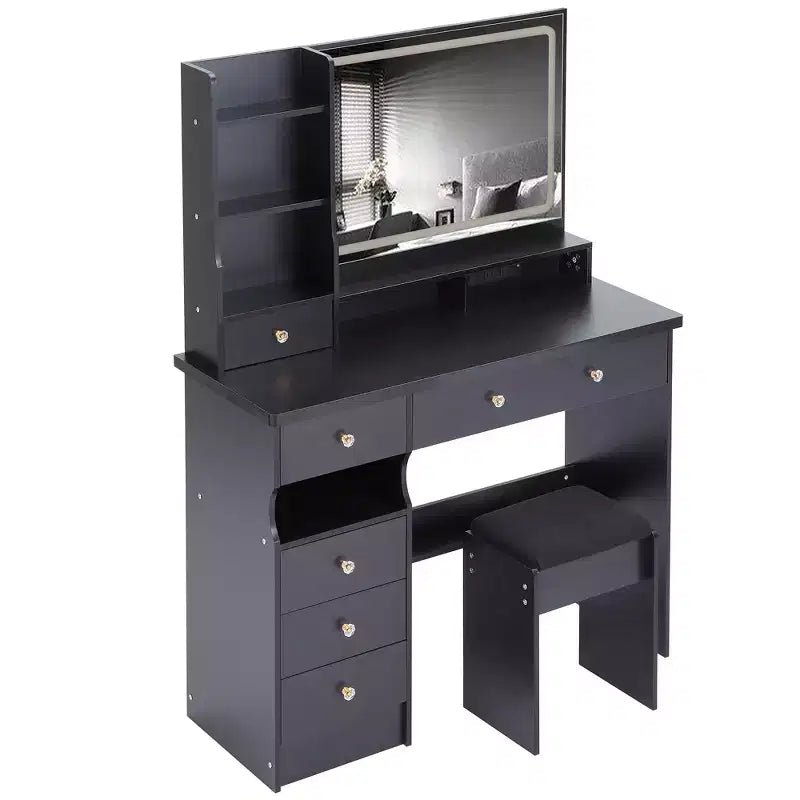 Coiffeuse avec miroir et lumière, ensemble tabouret rembourré, coiffeuse avec station de charge, luminosité réglable
