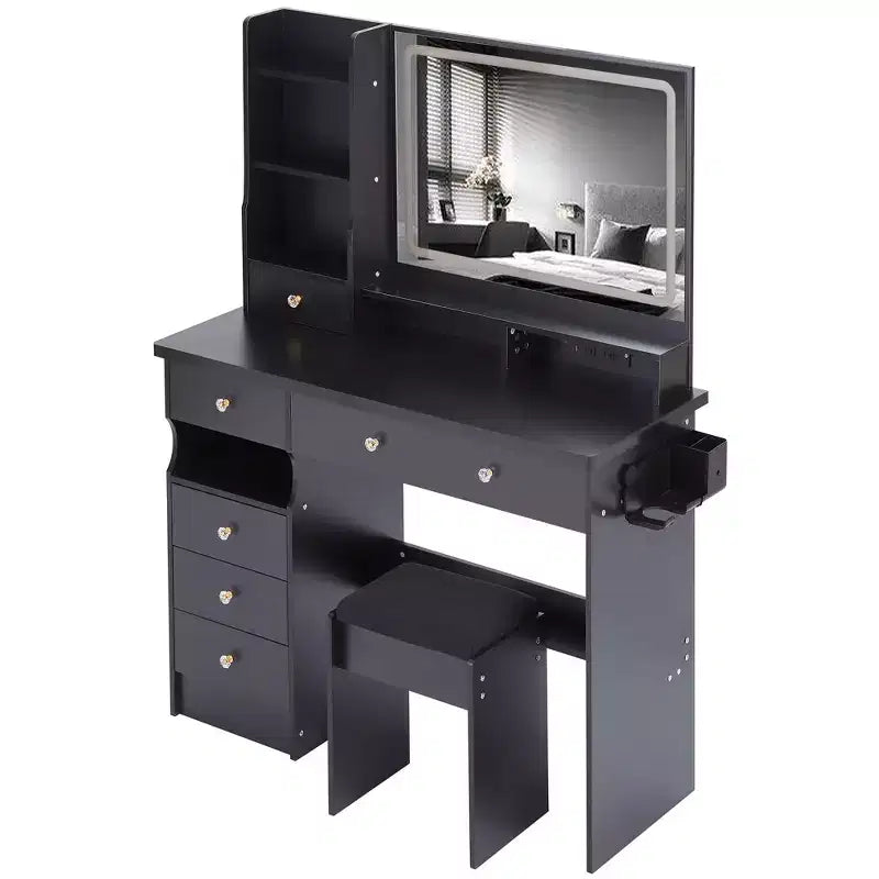 Coiffeuse avec miroir et lumière, ensemble tabouret rembourré, coiffeuse avec station de charge, luminosité réglable
