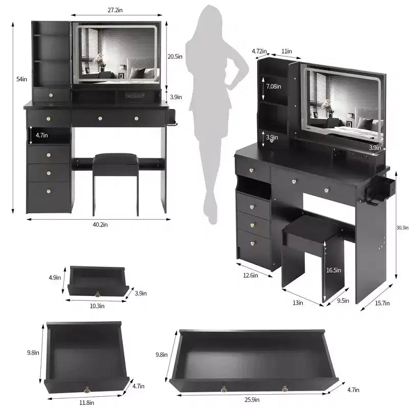 Coiffeuse avec miroir et lumière, ensemble tabouret rembourré, coiffeuse avec station de charge, luminosité réglable