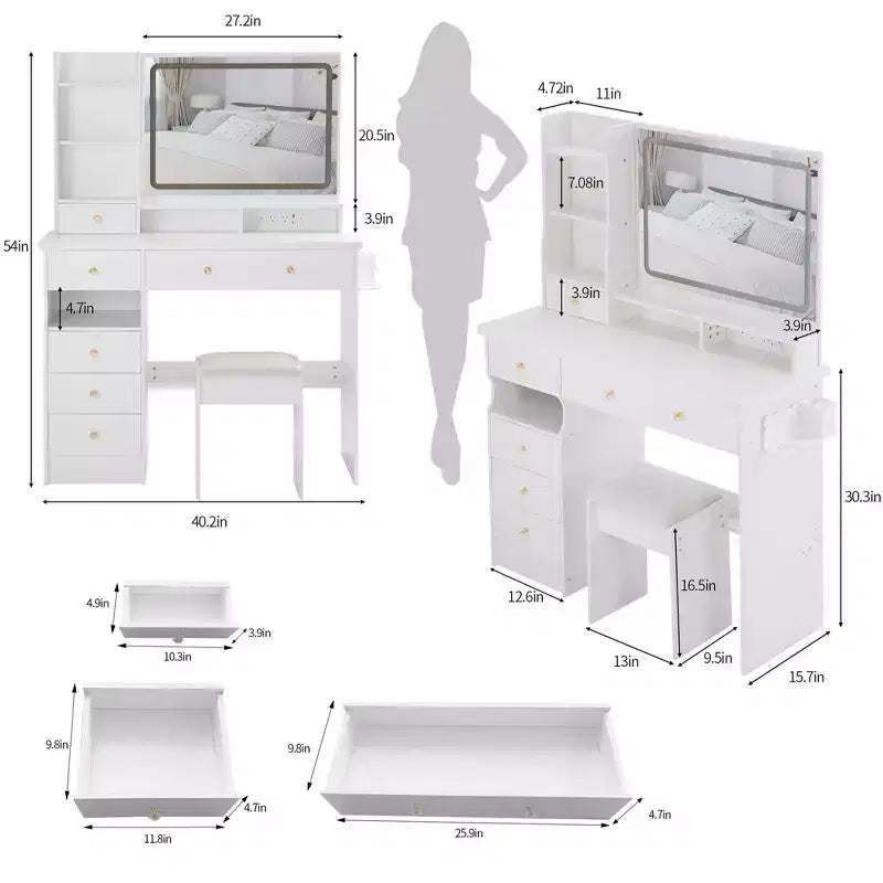 Coiffeuse avec miroir et lumière, ensemble tabouret rembourré, coiffeuse avec station de charge, luminosité réglable