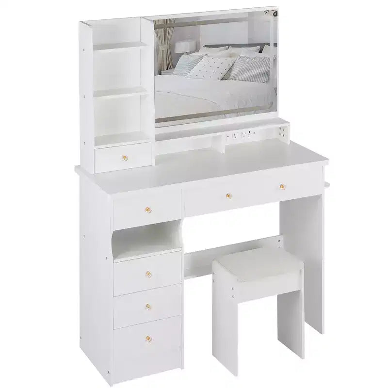 Coiffeuse avec miroir et lumière, ensemble tabouret rembourré, coiffeuse avec station de charge, luminosité réglable