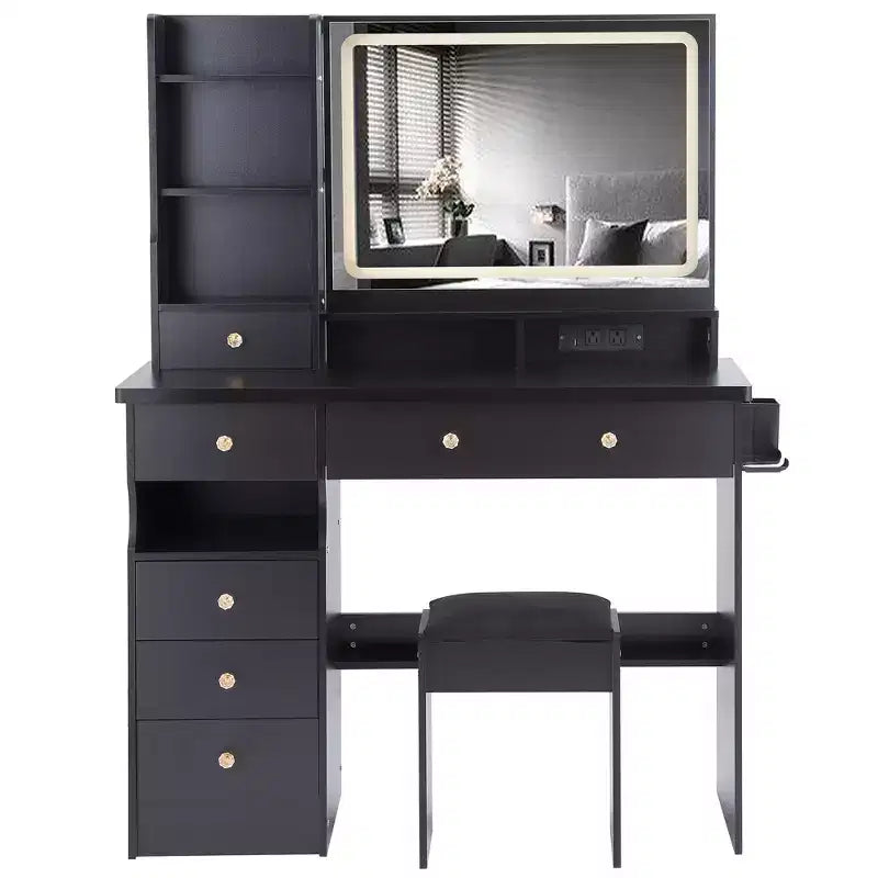 Coiffeuse avec miroir et lumière, ensemble tabouret rembourré, coiffeuse avec station de charge, luminosité réglable