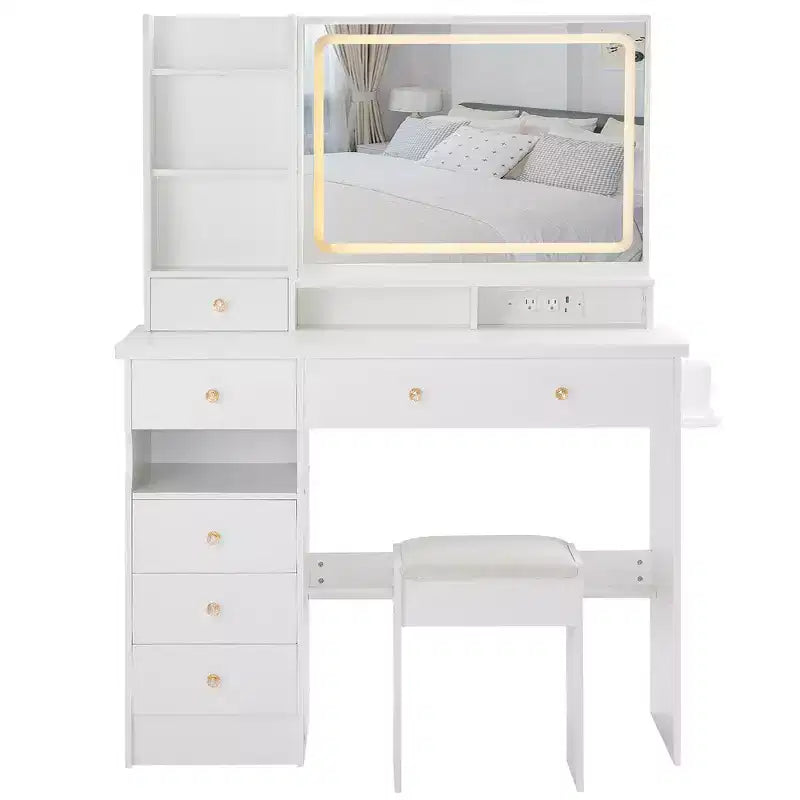 Makeup Vanity Desk with Mirror and Light, Dresser Desk Padded Stool Set, Makeup Vanity with Charging Station, Adjustable Brightness