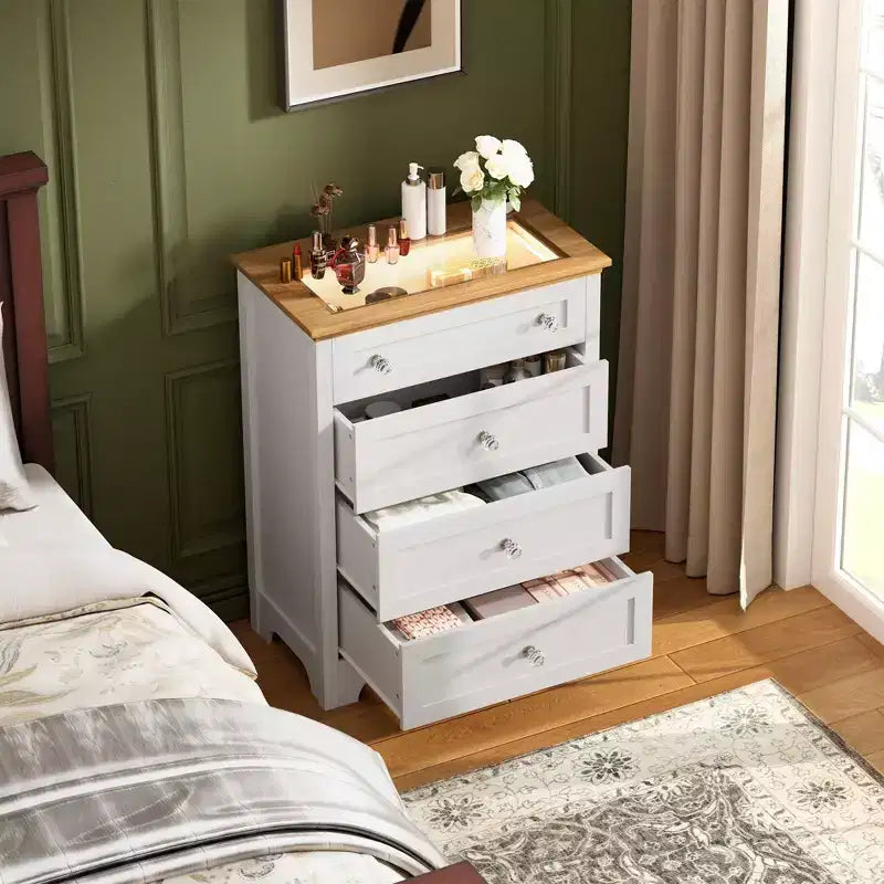 4 Drawer Wood Dresser for Bedroom with Light, Wooden Storage Cabinet, Chest of Drawers, Organizer Drawers for Living Room, Hallway, Closet