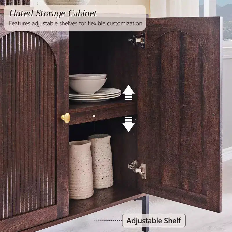 Meuble de salle de bain avec rangement, Meuble de rangement sur pied cannelé et arqué avec étagères réglables, Meuble de rangement au sol moderne