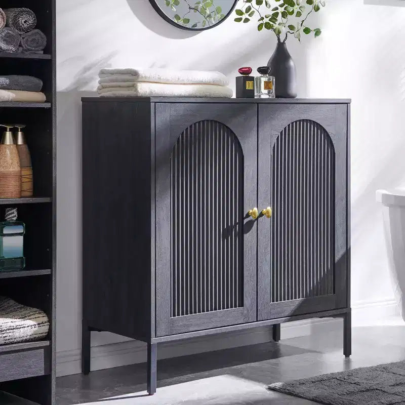 Meuble de salle de bain avec rangement, Meuble de rangement sur pied cannelé et arqué avec étagères réglables, Meuble de rangement au sol moderne