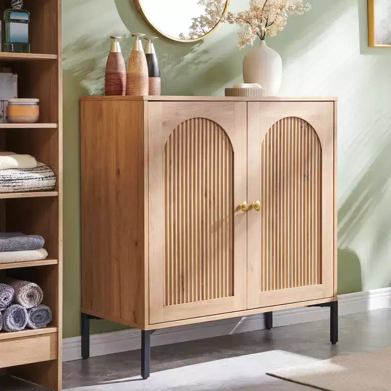 Meuble de salle de bain avec rangement, Meuble de rangement sur pied cannelé et arqué avec étagères réglables, Meuble de rangement au sol moderne