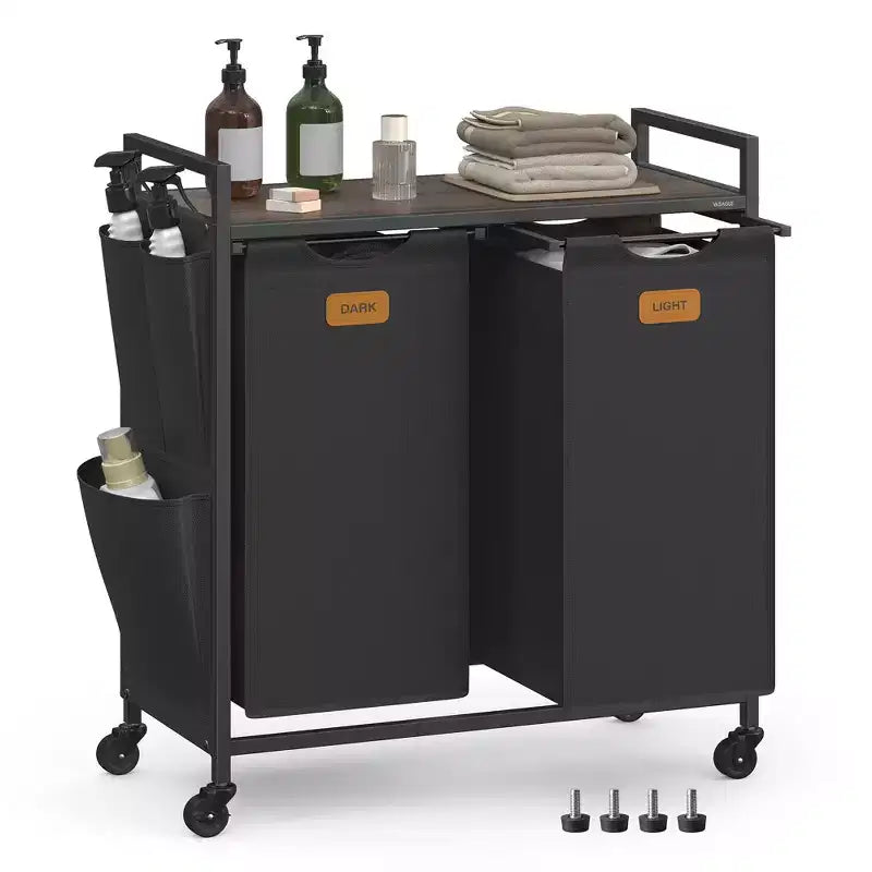 VASAGLE Laundry Hamper, Rolling Cart with Shelves, Small Side Pockets, 6 Labels, 2 Compartments, 26.4 Gal. (100 L), Ink Black and Ash Brown