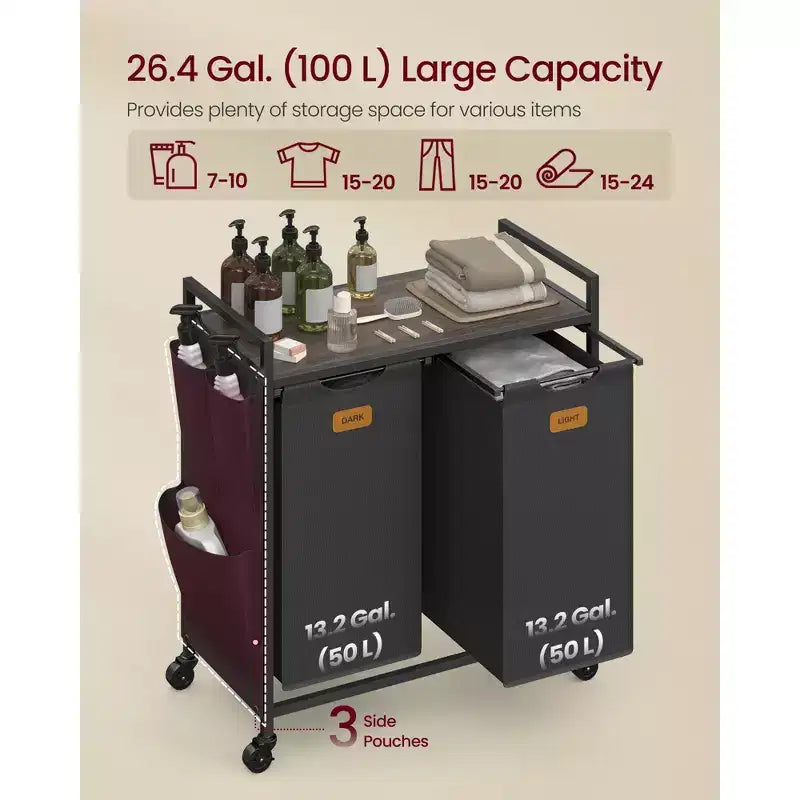 Panier à linge, Chariot roulant avec étagères, Petites poches latérales, 6 étiquettes, 2 compartiments, 100 L, Noir encre et Marron cendré