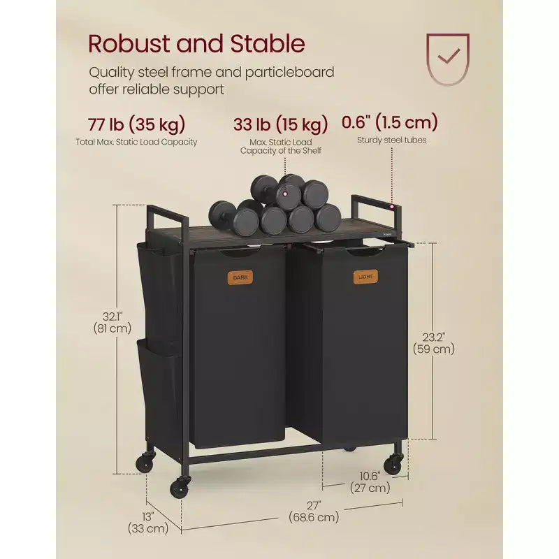 Panier à linge, Chariot roulant avec étagères, Petites poches latérales, 6 étiquettes, 2 compartiments, 100 L, Noir encre et Marron cendré