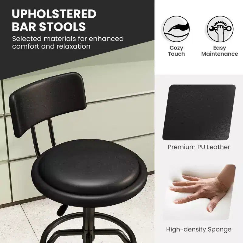 Tabouret de bar pivotant à 360° à hauteur de comptoir, avec siège et dossier rembourrés, repose-pieds et structure en métal