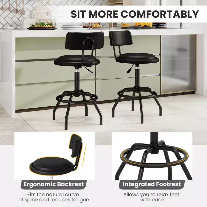 Tabouret de bar pivotant à 360° à hauteur de comptoir, avec siège et dossier rembourrés, repose-pieds et structure en métal