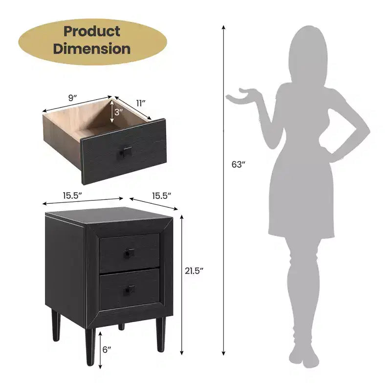2 tables de chevet avec tiroirs et pieds en bois, coloris noir/gris/blanc