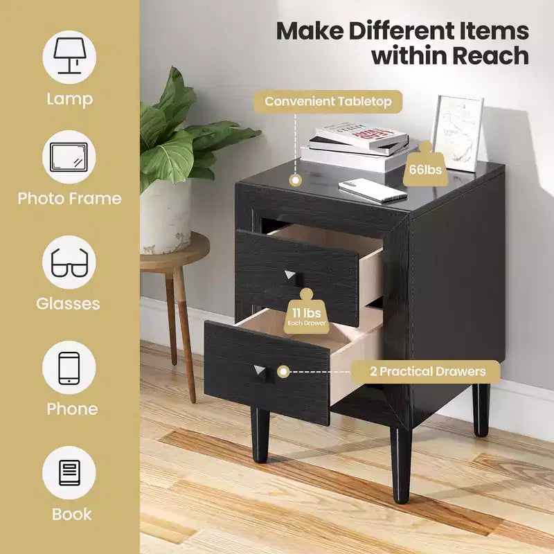 2 tables de chevet avec tiroirs et pieds en bois, coloris noir/gris/blanc