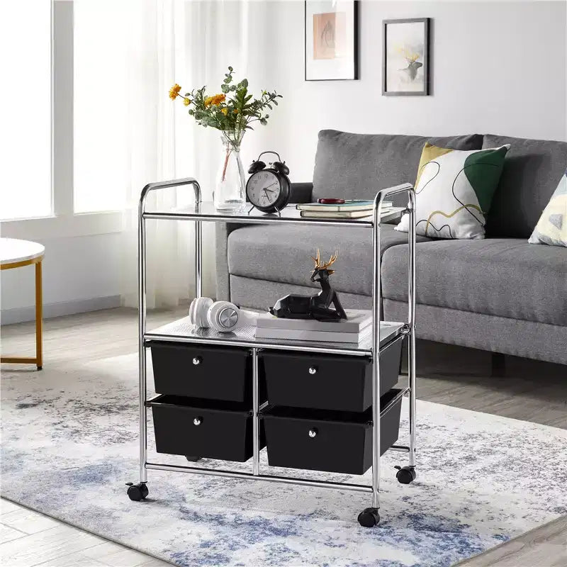 Meuble de rangement roulant à 4 tiroirs et 2 étagères avec roues, noir
